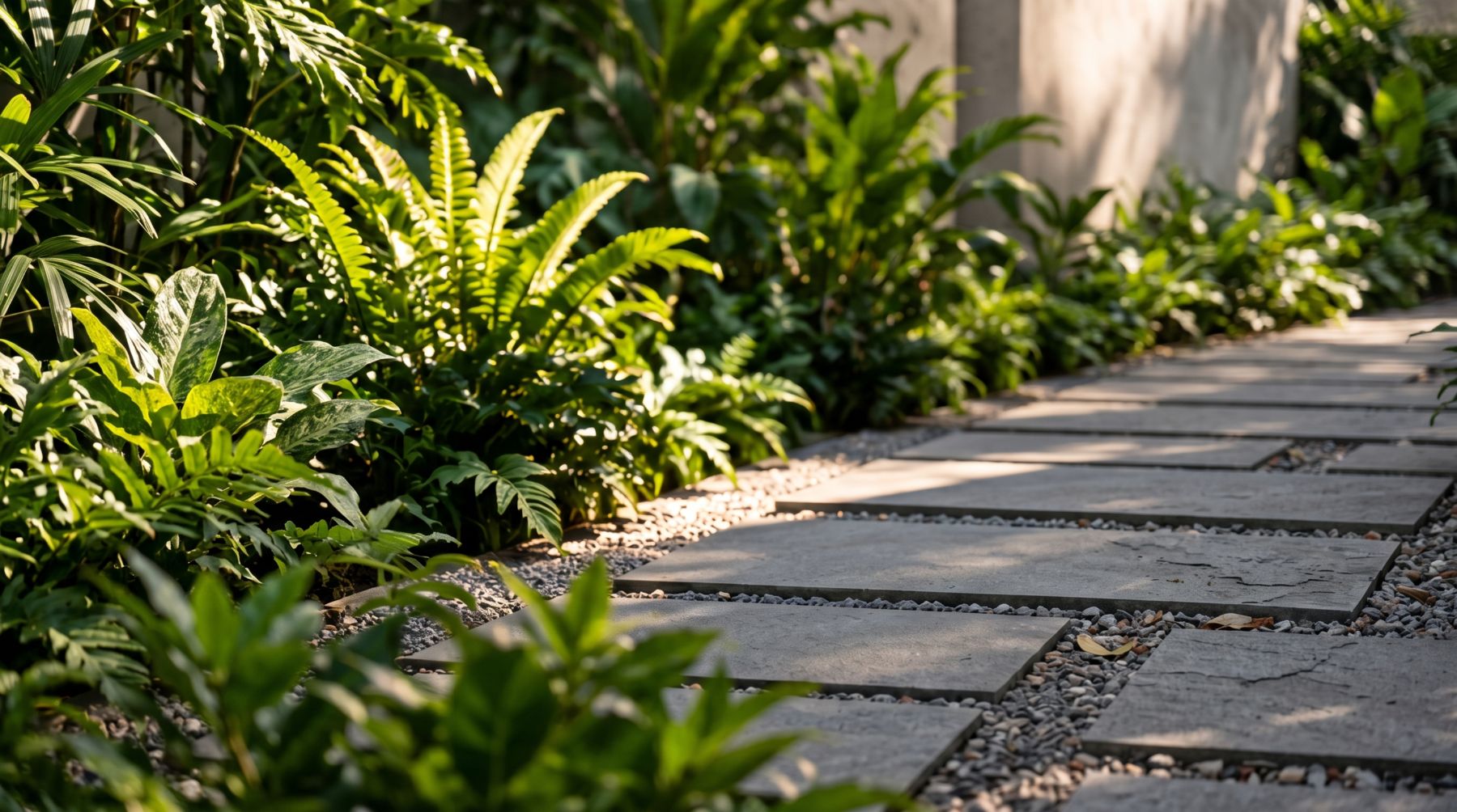 Camino de piedra entre plantas tropicales