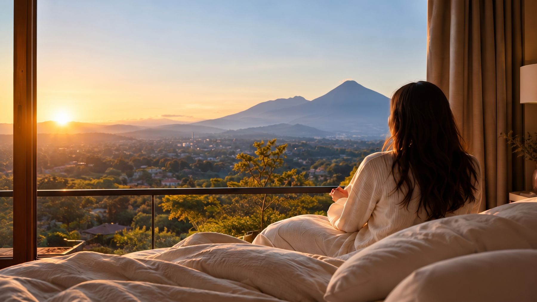 Vista de un volcán al atardecer desde una habitación
