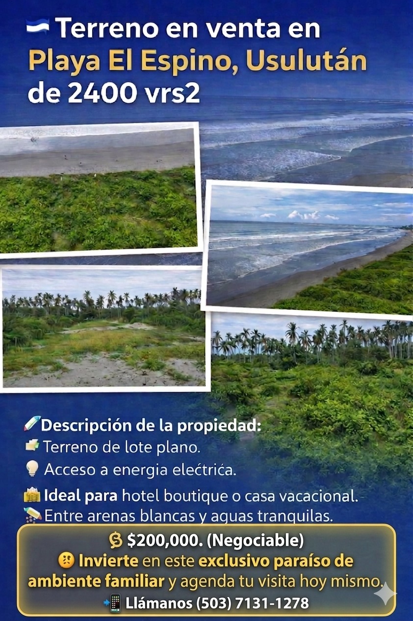 Terreno en venta en Playa El Espino, Usulutan de 2400 vrs2